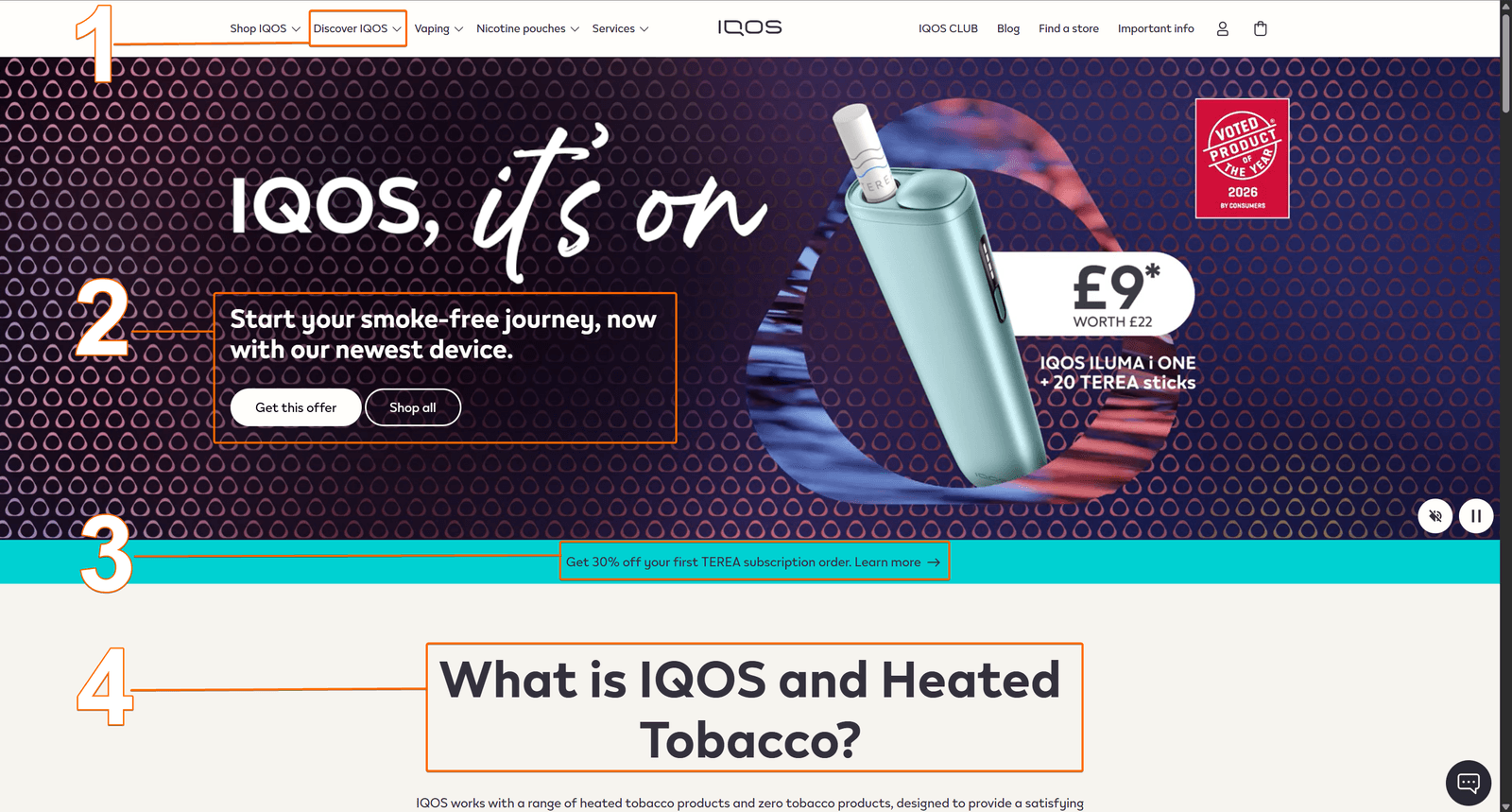 IQOS UK homepage with numbered callouts