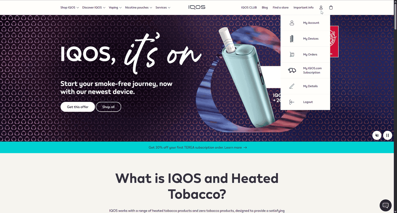 IQOS UK homepage while logged in