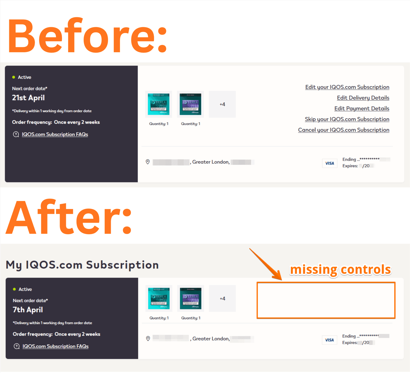 IQOS subscription management controls before and after