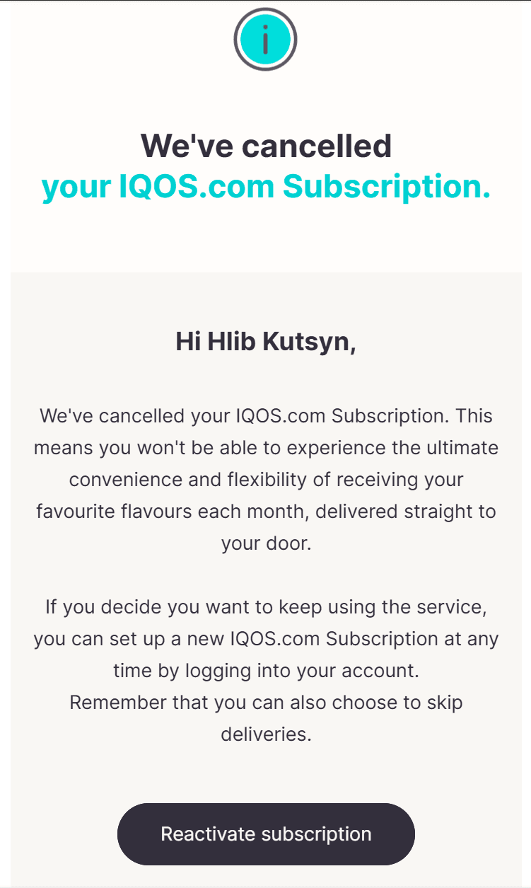 IQOS subscription cancellation email