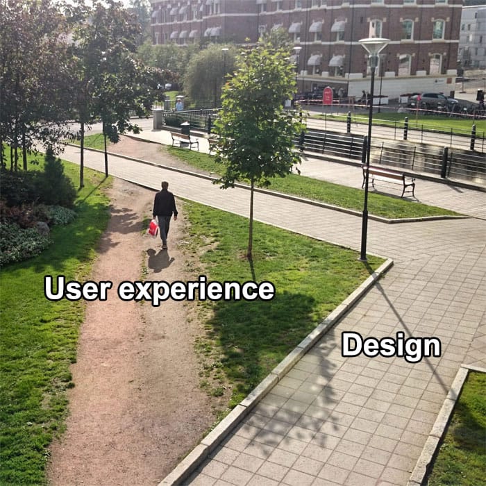 A desire path worn in grass, illustrating how users find their own routes around obstacles