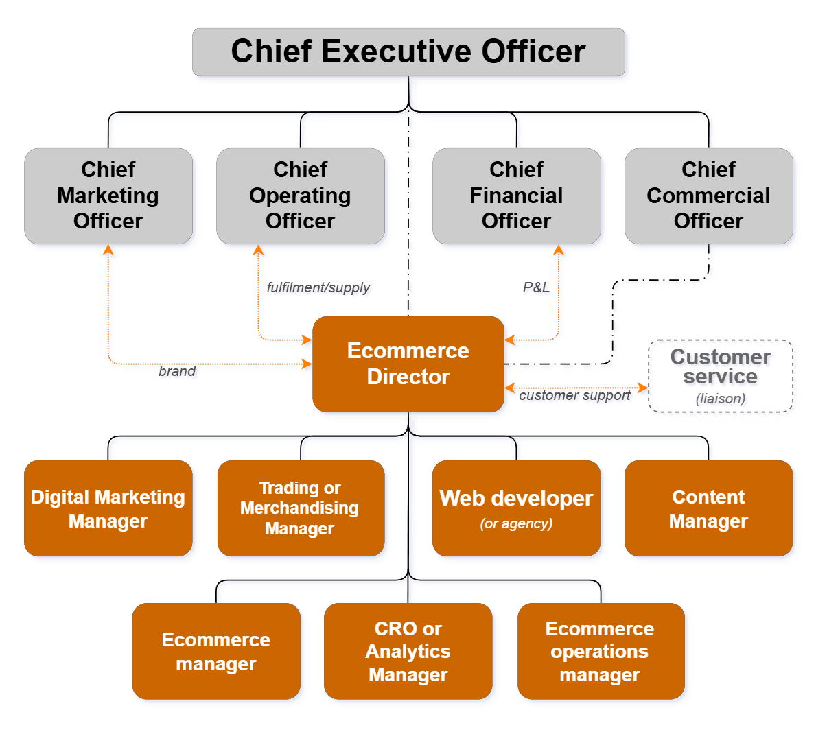 Ecommerce team structure for a mid-sized business: an Ecommerce Director sitting below the C-suite, with Digital Marketing, Trading/Merchandising, Web development and Content managers, and Ecommerce, CRO/Analytics and Operations managers beneath