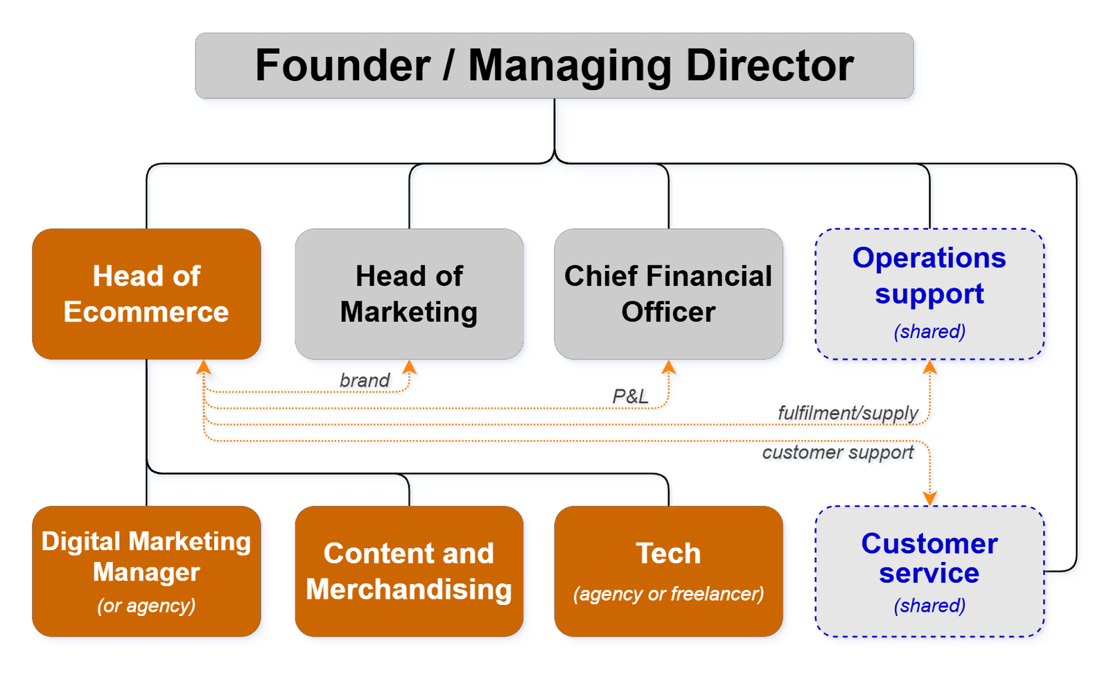 Ecommerce team structure for a small business: Head of Ecommerce reporting to the Founder alongside Marketing and Finance, with Digital Marketing, Content and Merchandising, and Tech beneath, and shared Operations and Customer service
